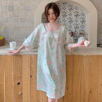 ฤดูร้อนหญิง Nightgown O-Neck Nightdress ชุดนอน Loungewear ผู้หญิงพิมพ์ Chemise ชุดนอน Silky Satin Home ชุด Morning Gown