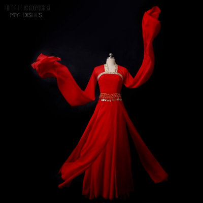 คลาสสิกน้ำแขน Dacne เสื้อผ้า Yangko เครื่องแต่งกาย Hanfu พัดลมสีแดงจีนพื้นบ้านเต้นรำเครื่องแต่งกายสาวแบบดั้งเดิม Rhinestone Dress