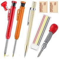 Solid Carpenter Pencil with 6PCS Refills Woodworking Scriber Pen Marker Marking Tool Automatic Center Pin Drill Bit