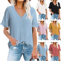 2022 womens new ruffle edge short-sleeved V-neck button-down multi-button European and American shirt niche ❤