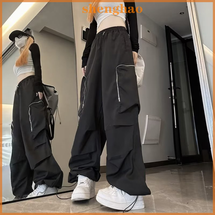 shenghao-กางเกงคาร์โก้ร่มชูชีพสีดำมีกระเป๋าโอเวอร์ไซส์ของผู้หญิงกางเกงขากว้างมีซิปสีดำสำหรับ-y2k