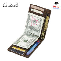 CONTACTS Crazy Horse men RFID Genuine Leather Money Clip Card Wallet Thin Bifold cash clamp casual cash holder man coin purse