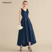 AE02 Navy Blue Prom Dresses Long Ankle Length V-Neck Zipper Back Satin Evening Gowns Formal Party Dress Vestidos De Festa