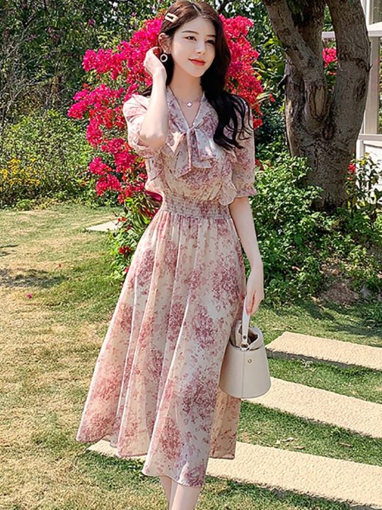 women-pink-floral-chiffon-chic-ruffled-midi-dress-summer-fashion-short-sleeve-bow-collar-dress-2023-korean-elegant-beach-dresses