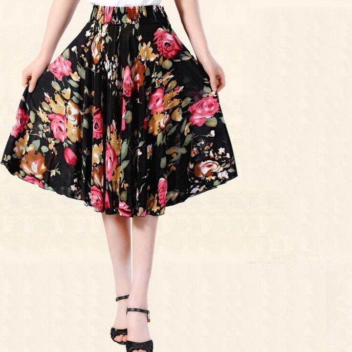 cc-womens-skirt-dot-print-a-line-high-waisted-fashion-elastic-waist-mid-calf-skirts