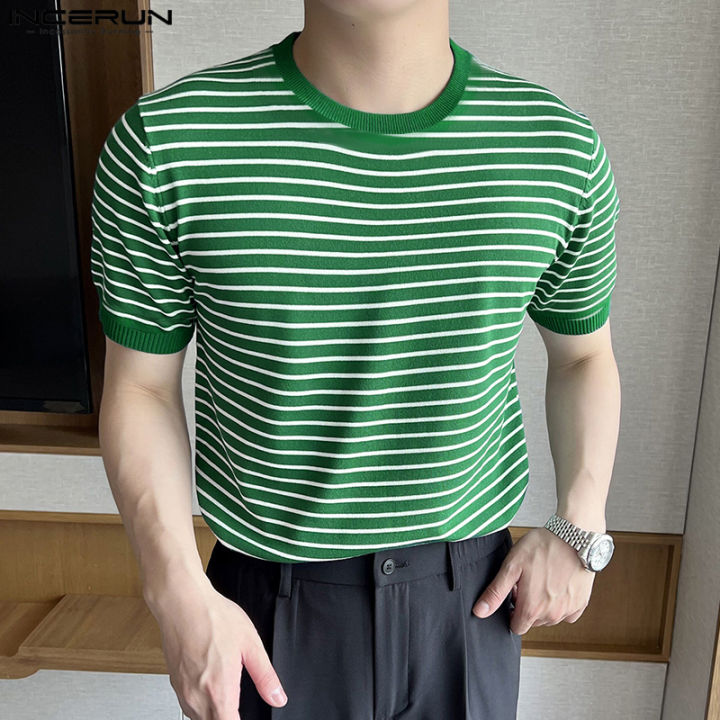 เสื้อยืดผู้ชายแขนสั้น-incerun-เสื้อเบลาส์ลายทางเสื้อยืดคอกลม-เสื้อลายทางสไตล์ฮิปฮอปเสื้อยืด-สไตล์เกาหลี