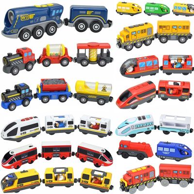 Magnetic Electric Train Car Locomotive Wooden Track Slot Diecast Railway With Two Carriages Train Wood Kid Toy Biro Leduo Track