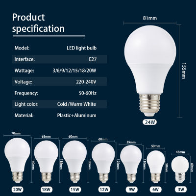 6pcslot LED Bulb E27 E14 3W 6W 9W 12W 15W 18W 20W 24W Lampada LED Light AC220V Bombilla Spotlight Lighting ColdWarm White Lamp