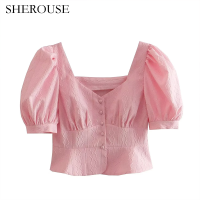 เสื้อแฟชั่นสำหรับผู้หญิง SHEROUSE เสื้อเชิ๊ตแขนพองวินเทจกระดุมแถวเดี่ยวคอวีสำหรับผู้หญิงเสื้อเสื้อเชิ้ตแบบเซ็กซี่ลำลองเก๋ไก๋