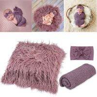 3pcsset Newborn Baby Photography Props Kits Fake Fur Blanket Mats Cotton Stretch Wrap with Knotted Headband forInfants Toddlers