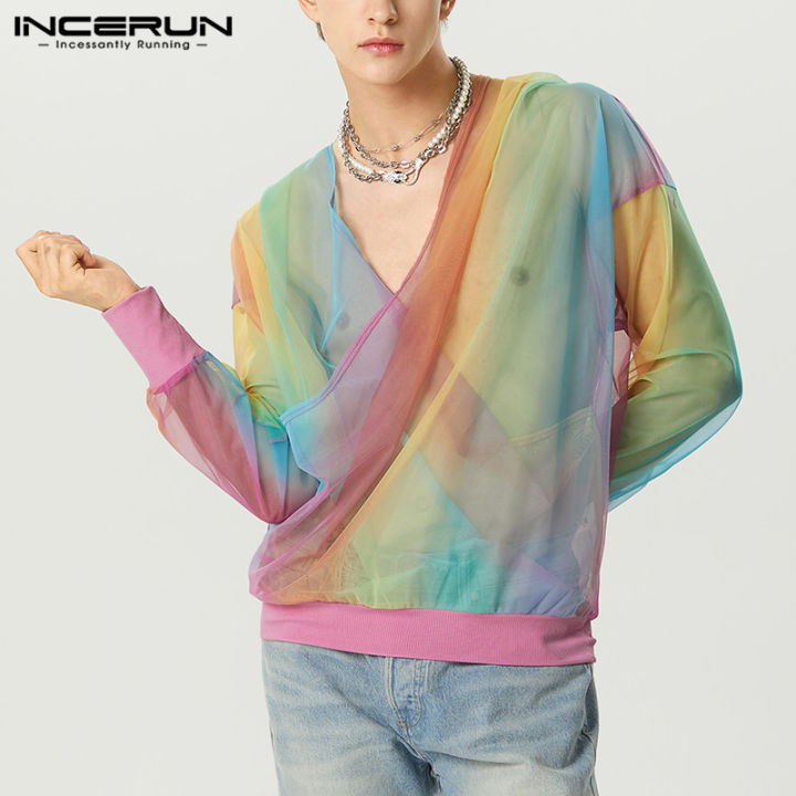 incerun-เสื้อยืดเสื้อฮู้ดตาข่ายคอแกว่งไล่ระดับสีแขนยาวสำหรับผู้ชาย-สไตล์ตะวันตก