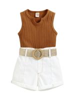 Toddler Baby Girls Clothes Sets Solid Ribbed Knit Sleeveless V Neck Tank Tops High Waist Shorts With Belt Outfits  by Hs2023