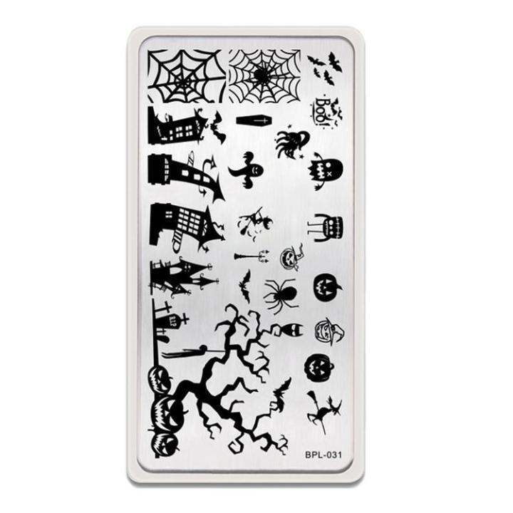 halloween-series-nail-art-templates-skull-bat-castle-wizard-doodle-style-printing-stencil-transfer-steel-plate-template-convenient