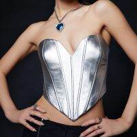 【LZ】❇✆✥  Metallic Silver Shiny PU couro espartilhos para mulheres zíper traseiro coroa cinto espartilhos finos curva Shaper modelagem Bustier Tops