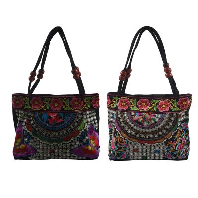 2x Women Handbag Embroidery Ethnic Summer Fashion Handmade Flowers Ladies Tote Shoulder Bags (Purple Butterfly&amp;Flowers)