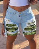 【hot】 Womens Denim Shorts 2023 Fashion Camouflage Print Ripped Raw Hem Design Waist Streetwear