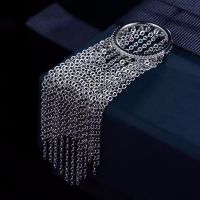 SLJELY Luxury Zircon Pure 925 Sterling Silver Chain Tassel Round Cuff Finger Ring Design Long Chain Women Wedding Party Jewelry