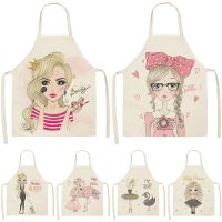 Cute Pink Girl Linen Sleeveless Apron Printed Kitchen Aprons Aprons for Women Home Cooking Baking Accessories Waist Bib Delantal