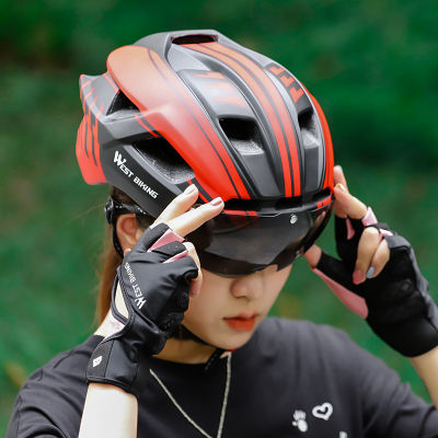 WEST BIKING หมวกกันน็อคจักรยาน EPS Breathable Cycling Helmet Men Women Goggles Cycling Helmet With Tail Light MTB Bike Helmet