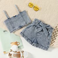 Toddler Baby Girls 2Pcs Clothing Set Fashion Denim Outfits Spaghetti Strap Camisole with Short Trousers Infant Summer Outwear