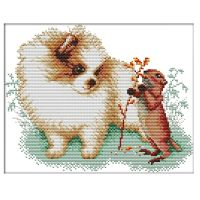 Cross Stitch Kits Stamped Animals Embroidery Starter Kits Beginners DIY DMC Embroidery 11CT -Pomeranian and Squirrel