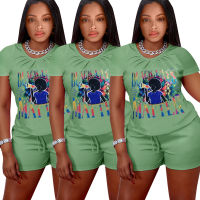 2022# SpringSummer WomenS New Fashion Printed T-Shirt Short Sleeve Shorts Soft And Comfortable Casual Two-Piece Set 1368