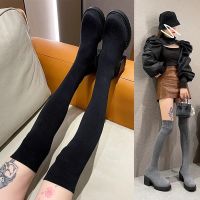 COD dsdgfhgfsdsss Womens Over the Knee Boots Fashion Fly Knit Stretch Fabric High Heel Round Toe Sock Boots Ladies Black Shoes