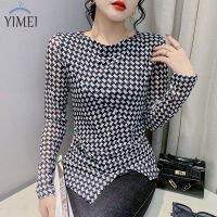 YIMEI 2022ใหม่ไม่สม่ำเสมอเปิดตาข่าย Tops หญิง Slim One-Piece Collar Bird ตรวจสอบเสื้อยืดหญิงแขนยาว Bottoming เสื้อ