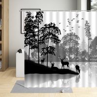 Forest Elk Shower Curtains Creative Black Gray Trees Mountain Lake Autumn Scenery Fabric Bathroom Curtain Modern Home Decor Sets