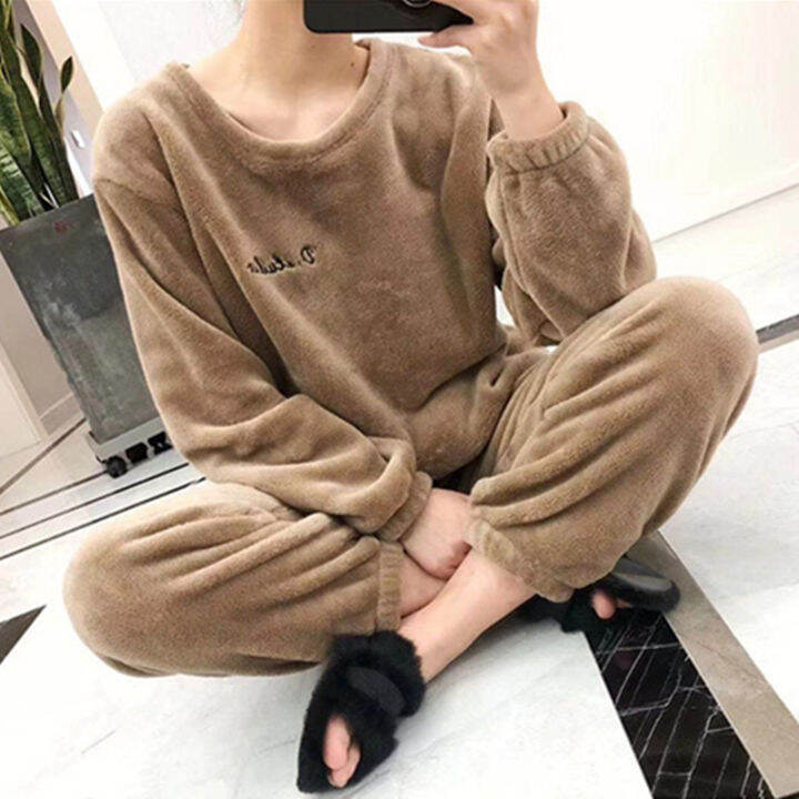 women-pajamas-set-winter-warm-flannel-pajamas-homewear-thick-female-sleepwear-plush-pyjamas-suit-sweatshirt-hoodies-solid-color