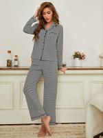 【JH】European and American pajamas home clothes female NNS22-Stripe striped cardigan foreign trade pajamas