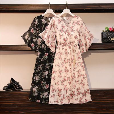 Floral dress chiffon womens plus size dress korean V-neck female summer new casual dress midi dress