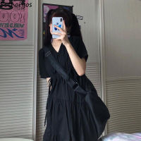 Dress Women Solid Short Sleeve Trendy Loose Casual Midi Ruffles Lace Up V-neck Elegant Students Fairy Sweet Kawaii Streetwear