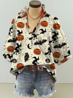 Halloween Allover Print Pullover Blouse Ladies Pumpkin &amp; Skull Fun Printed Top Woman Casual Long Sleeve V- Neck Sweatshirt