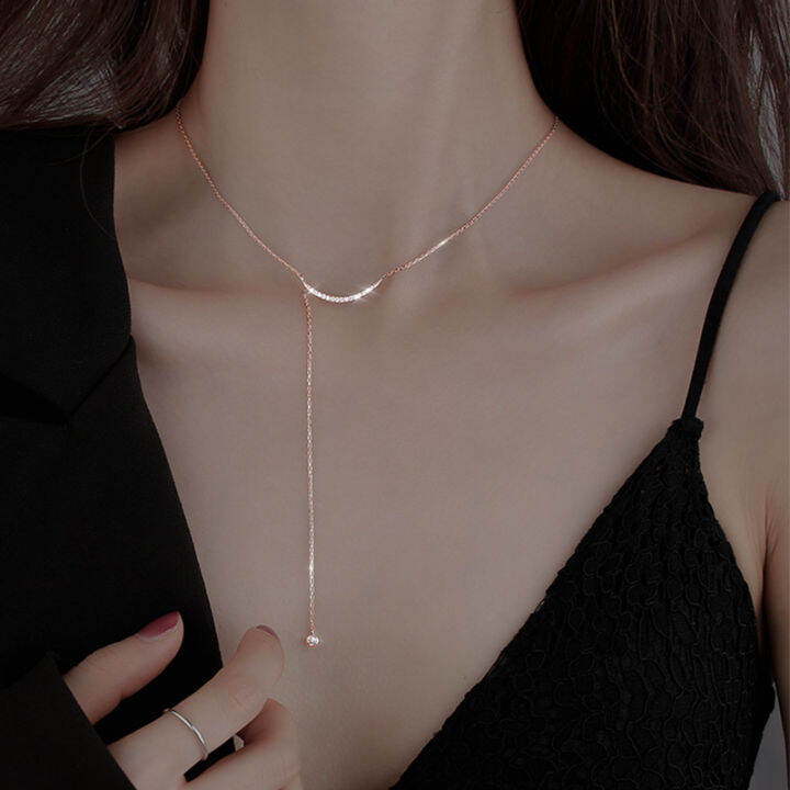 new-925-sterling-silver-crescent-necklace-female-long-tassel-beads-clavicle-chain-simple-collar-wedding-party-jewelry-gift