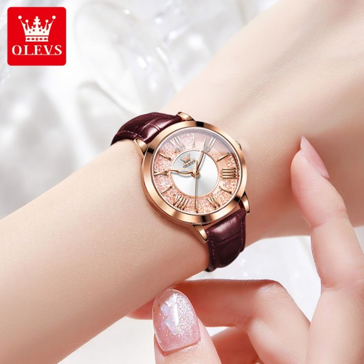 olevs-นาฬิกาสำหรับผู้หญิงหรูหราสายไรน์สโตนสง่างามนาฬิกาสายหนังควอตซ์แท้