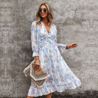 Ladies Vintage y Print Chiffon Dress Women Spring Autumn Casual Ruffles High Waist Bohemian Beach Women Dress Female Vestidos