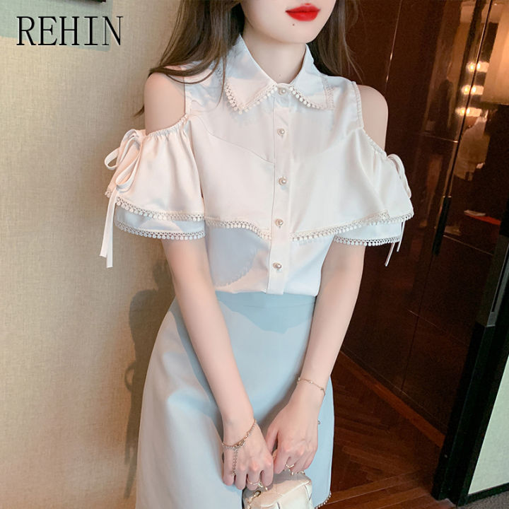 rehin-เสื้อเชิ๊ตผู้หญิง-เสื้อเชิ๊ตแขนพองแต่งระบายสไตล์ฝรั่งเศสเสื้อผู้หญิงแขนสั้นเปิดไหล่