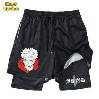 Anime Jujutsu Kaisen Yuji Print Gym Shorts for Men 2 in 1 Compression Shorts Quick Dry Stretchy Running Jogging Fitness Workout