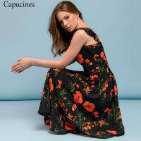 2021Capucines New 2021 Summer Flowers Printed Strap Dress Ruffled Sleeveless Fit And Flare Beach Holiday Midi Dresses For Women Robe