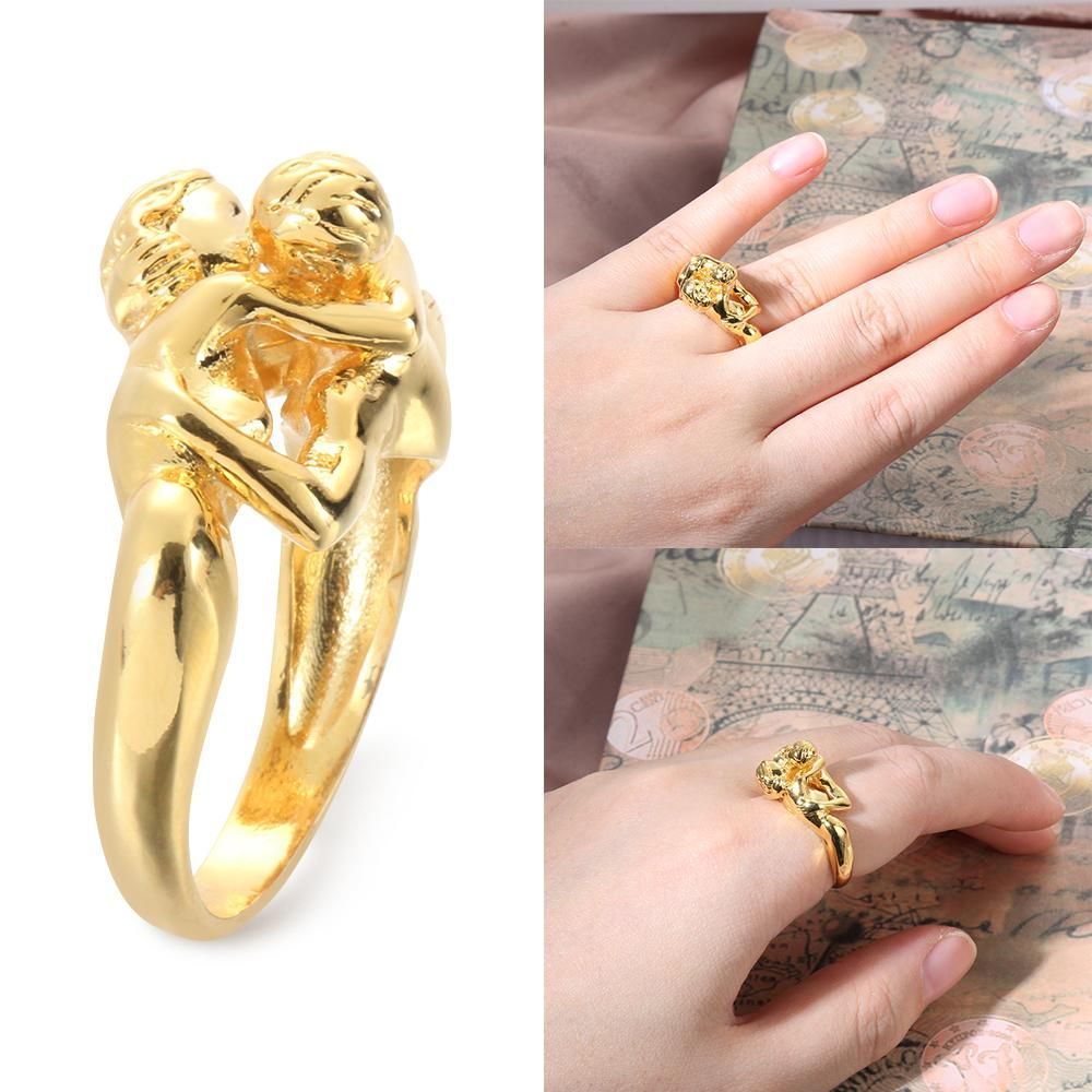 Brass Carved Fashion Couple Kiss Love Retro Sculpture Ring Embrace Rings