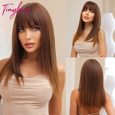 【jw】₪  Medium Straight Synthetic Hair Wigs with Bangs Blunt Cut Layered for Afro Resistant