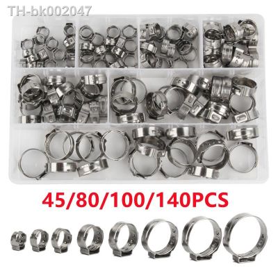 ✆ 45/80/100/140pcs Single Ear Stepless Hose Clamps 304 Stainless Steel Hose Clamps Cinch Clamp Rings for Sealing Kinds with box