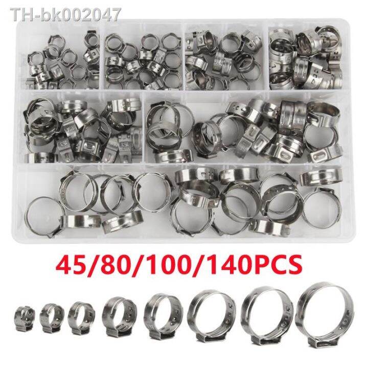 45-80-100-140pcs-single-ear-stepless-hose-clamps-304-stainless-steel-hose-clamps-cinch-clamp-rings-for-sealing-kinds-with-box