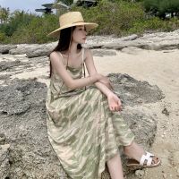 Landscape printing condole belt dress retro summer tall waist temperament show thin holiday dress female holiday by the sea