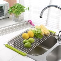 Foldable Stainless Steel Rolling Sink Drain Rack Folding Dish Drainer for Kitchen Multifunctional Draining Board Household