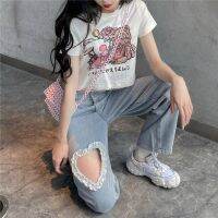 All-Match Fashion Kawaii Denim Blue Loose Wide-Leg Womens Jeans High Waist Heart Chain Summer Thin Casual Cute Casual