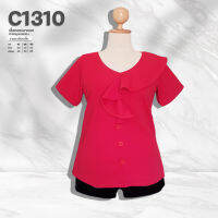 C1310 เสื้อคอระบายอกผ้ายืดมูลเวฟแดง ยาว27