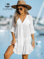 Cupshe สีขาว ruffled แขนยาวบิกินี่ COVER UP สำหรับเสื้อสตรี Beach Dress Tunic Shirtdress 2023ฤดูร้อน Mini Dress beachwe URA