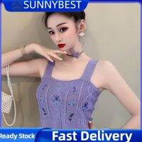 เสื้อกล้ามสายเดี่ยวถักของ SUNNYBEST สำหรับแฟชั่นสำหรับผู้หญิงเสื้อครอปเอวสูงลายดอกไม้เซ็กซี่